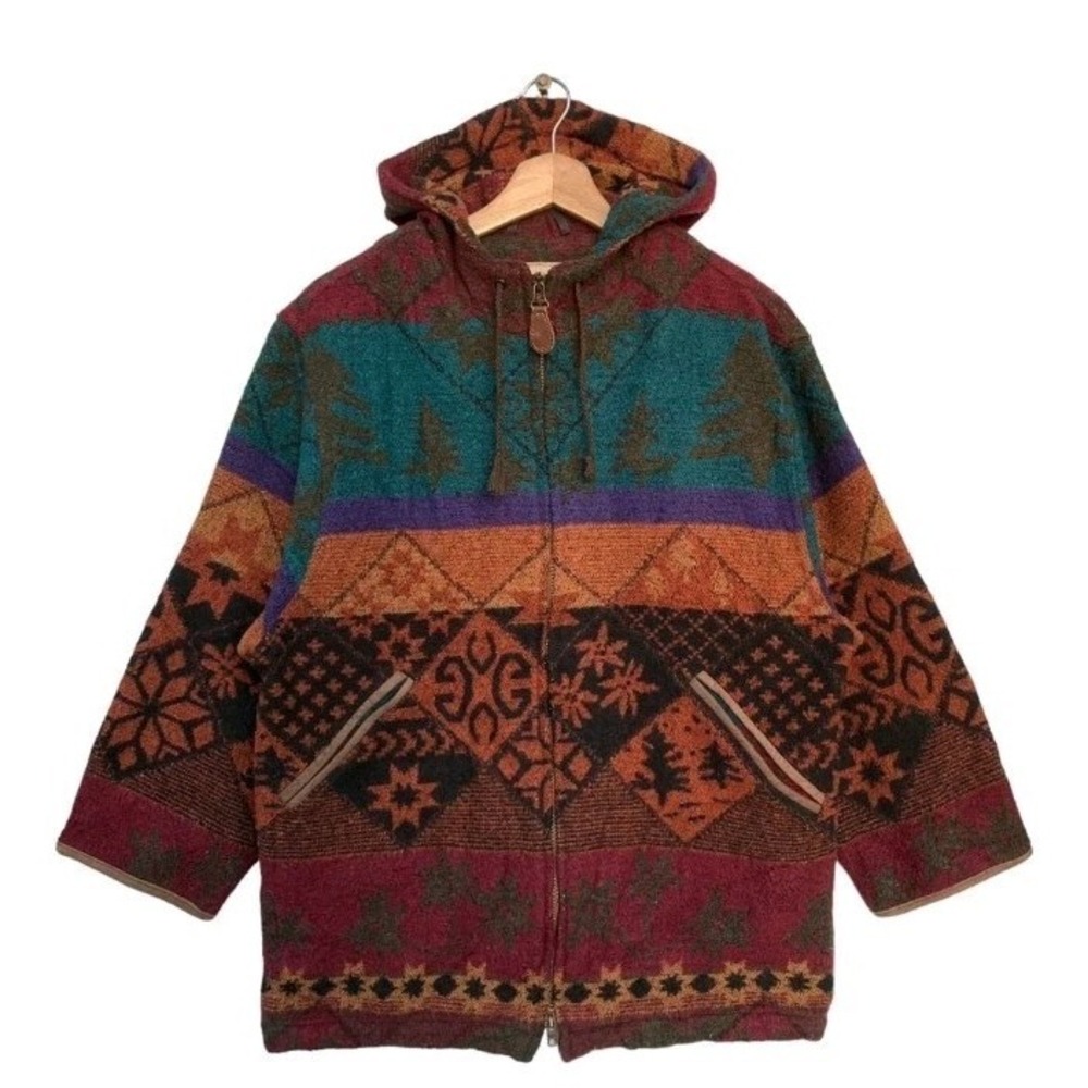 Vtg LL Bean Wool Leather Aztec Covichan Blanket SW Barn Chore Coat Jacket Small